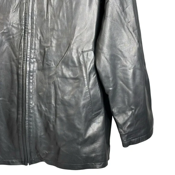 New Black Lambskin Leather Lined Jacket Zip Front 5 Pockets Hip Length Car Coat